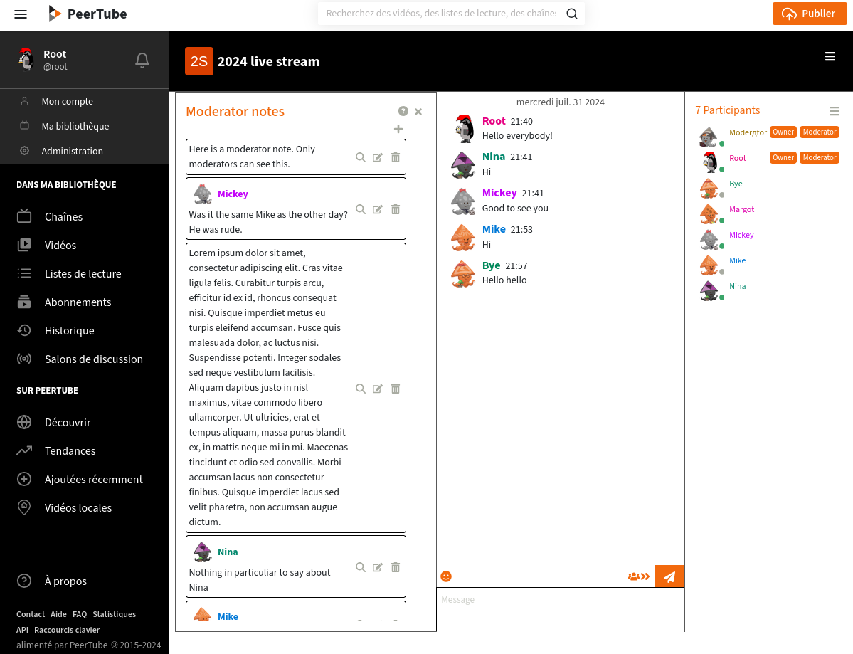 Screenshot z chatu Peertube, celá obrazovka. Aplikace pro poznámky moderátora je otevřená. Je zde několik poznámek, některé z nich jsou spojeny s uživateli.